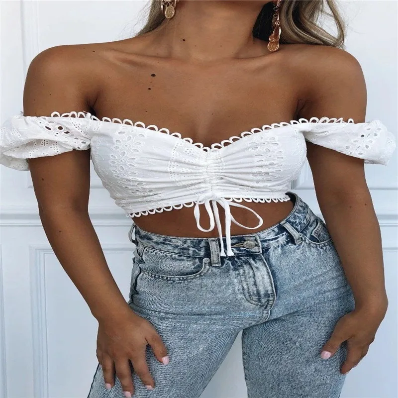 

Женские пикантные топы с открытыми плечами, ажурный топ на шнуровке с эластичной спинкой, короткая одежда для женщин