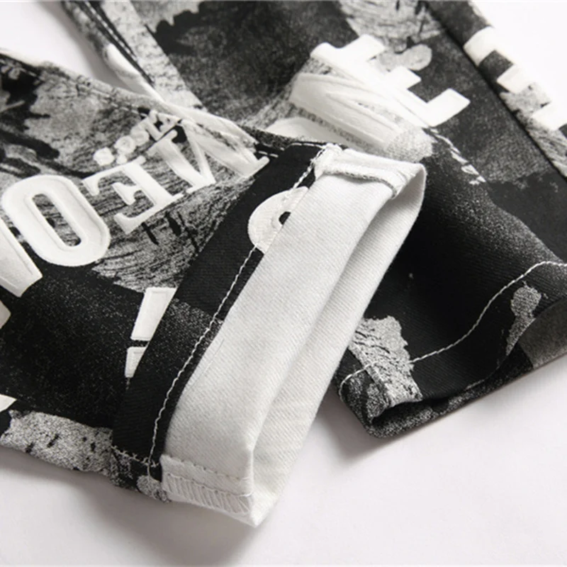 

New European American Men's Jeans Flowered Trousers Digital Print Trousers Slim Fashion Stretch Small Foot Casual Pants
