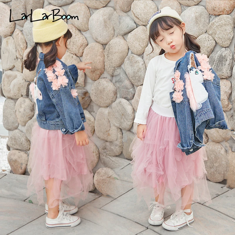 LarLarBoom Denim Jacket for Girls Coats 2019 New Autumn Unicorn Pattern Long Sleeve Baby Outerwear Jean Child | Детская одежда и