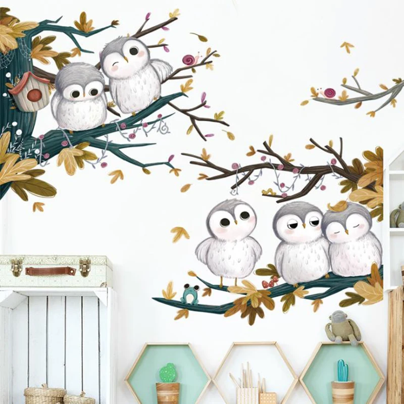 

2022 Cartoon Animals Owl Family Tree Wall Stickers for Kid's Rooms Living Room Bedroom Home Decoration Removable PVC Sticker