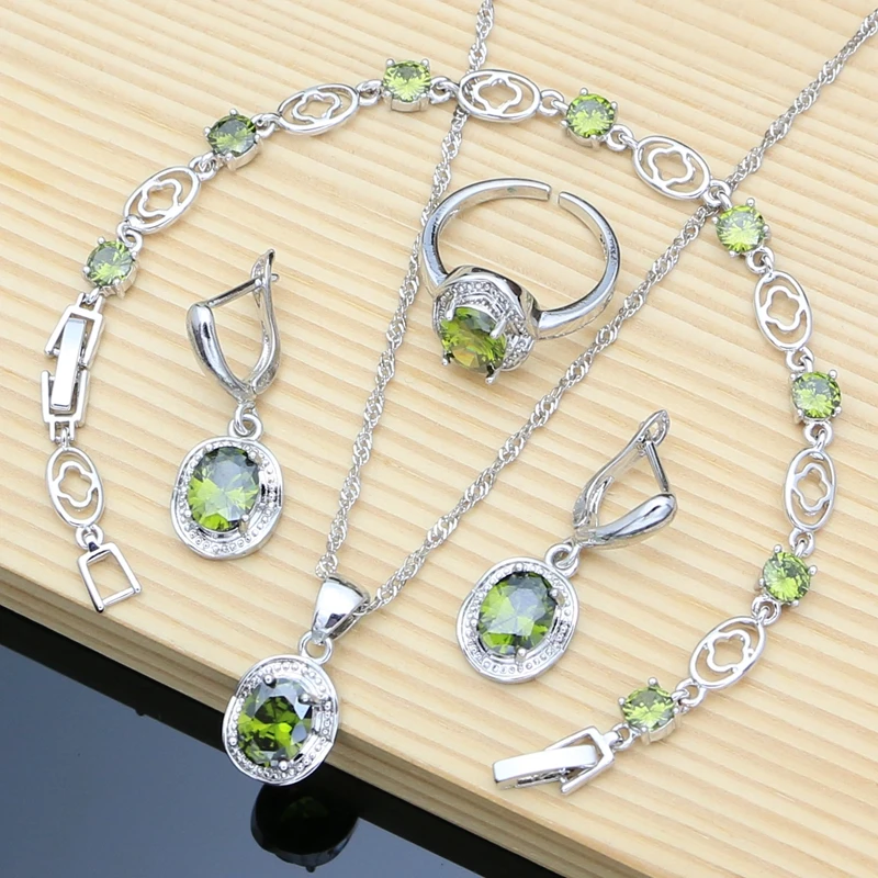 

Bride Silver 925 Jewelry Set Olive Green Topaz Gemstone Birthstone Earring Bracelet Resizable Ring Necklace Wholesale 12 Colors