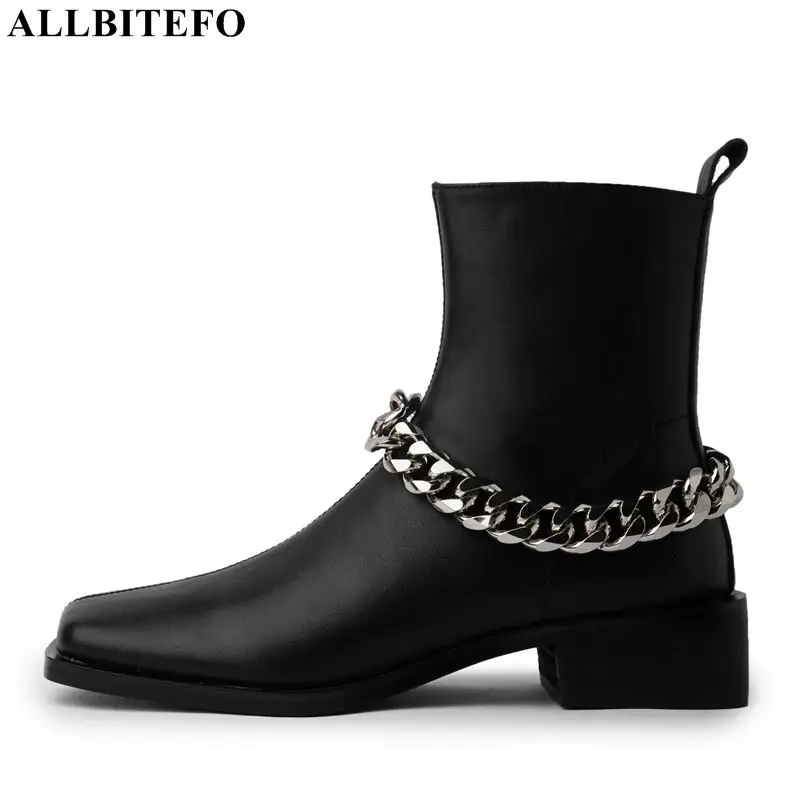 

ALLBITEFO chain design square toe soft genuine leather women motocycle boots autumn fashion street shoes boots girls ankle boots
