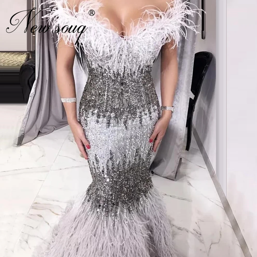 

Robe De Soiree Feathers Long Evening Dresses Mermaid 2020 Custom Beaded Middle East Prom Dress Saudi Arabic Women party Gowns