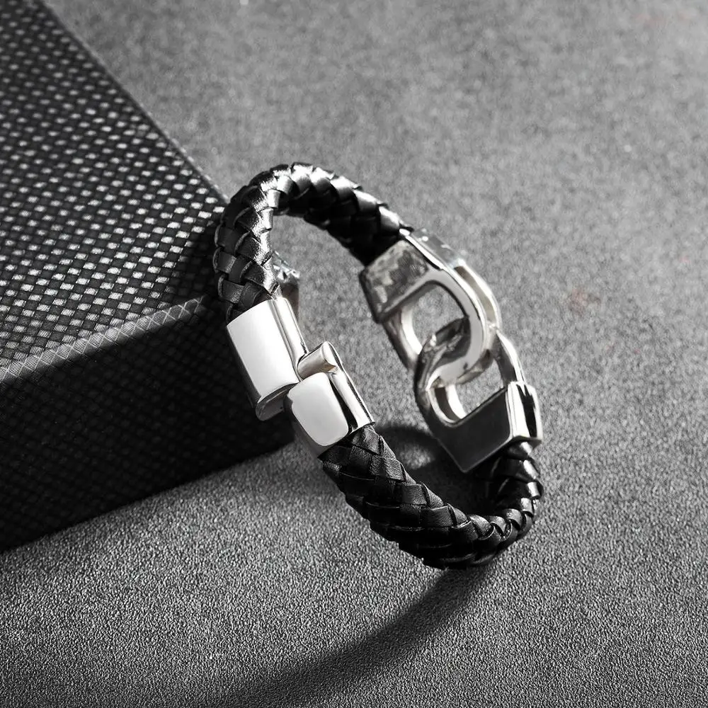 stainless steel handcuffs bracelet pulsera cuero hombre handmade Braided Black Genuine leather bracelet erkek bileklik jewellery images - 6