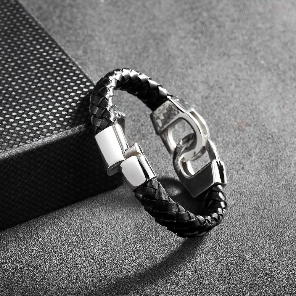 Браслет наручники из нержавеющей стали pulsera cuero hombre ручной работы Плетеный Черный