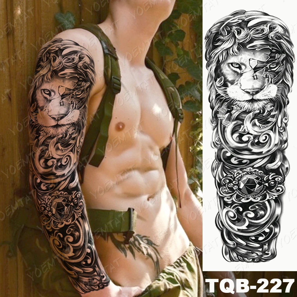 Black Full Arm Temporary Tattoo Sticker Men Adult Lion Tiger Totem Flash Tatoo Waterproof Body Art Fake Sleeve Tatto Realistic