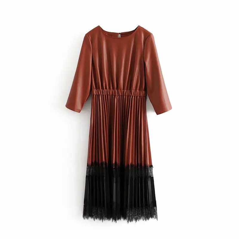 Женское платье с круглым вырезом CFK элегантное коричневое из искусственной кожи