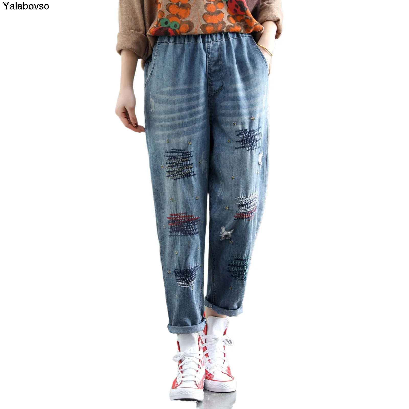 Женские рваные джинсы в винтажном ретро-стиле тонкие брюки до щиколотки с