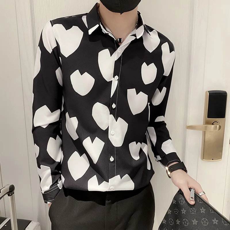 2021 Love Printed Shirts for Men's Autumn Long Sleeve Slim Casual Shirt Streetwear Harajuku MaleClothing Social Nightclub Tops