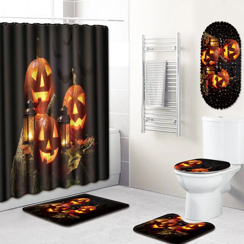 

Halloween Bathroom Shower Curtain Mat Non-Slip Absorbent Carpet Mats Five-Piece Set bathroom shower curtains and rugs