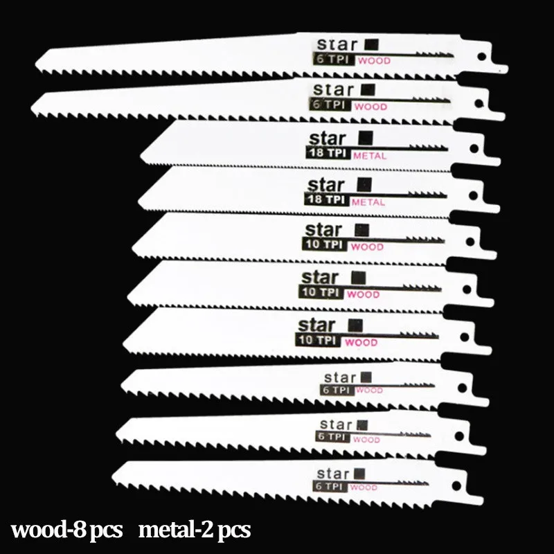 

10pcs Reciprocating Saw Blades Set Jig Saw Blade Multi Hacksaw Blade Blade For Cutting Wood Metal PVC Tube Power Tools
