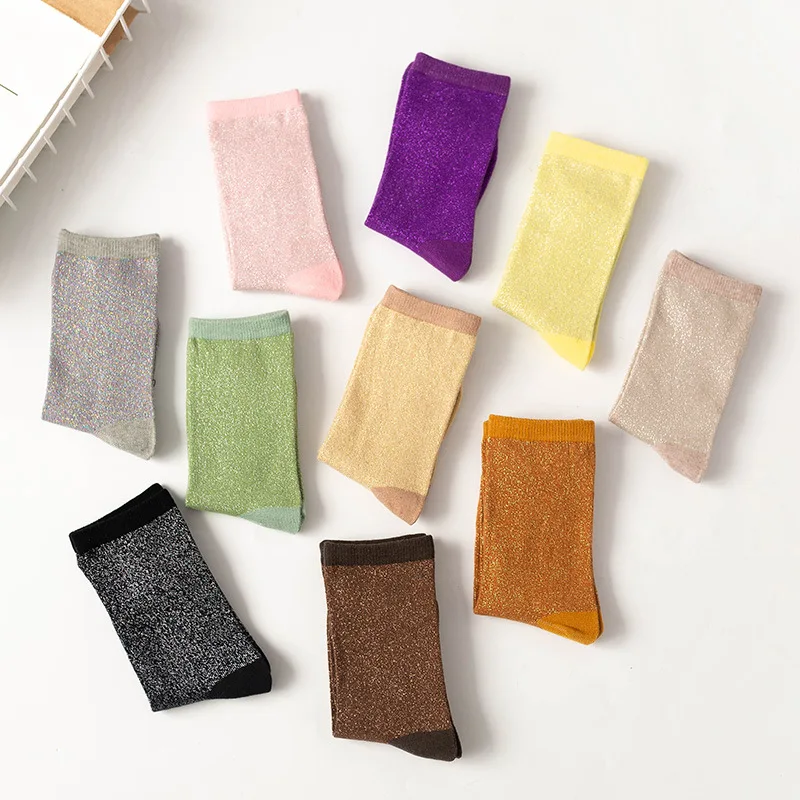 Korean women's style gold and silver silk material women's fashion socks solid color glitter shiny high elastic fashionable sock