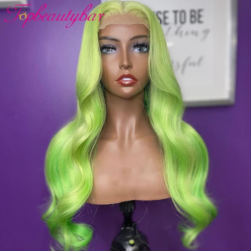 

Light Green Remy Hair Brazilian Wavy Colored Green Human Hair Wigs For Women 180% Transparent 13X4 Lace Front Wigs Preplucked
