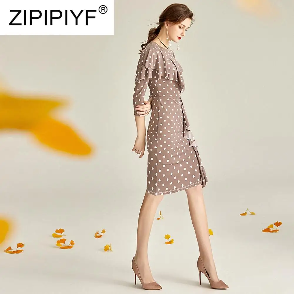 

Elegant Dot Dress 2020 Spring Summer Women Fashion O-Neck Butterfly Three Quarter Sleeve Knee-Length Slim ruffles Dresses Y104