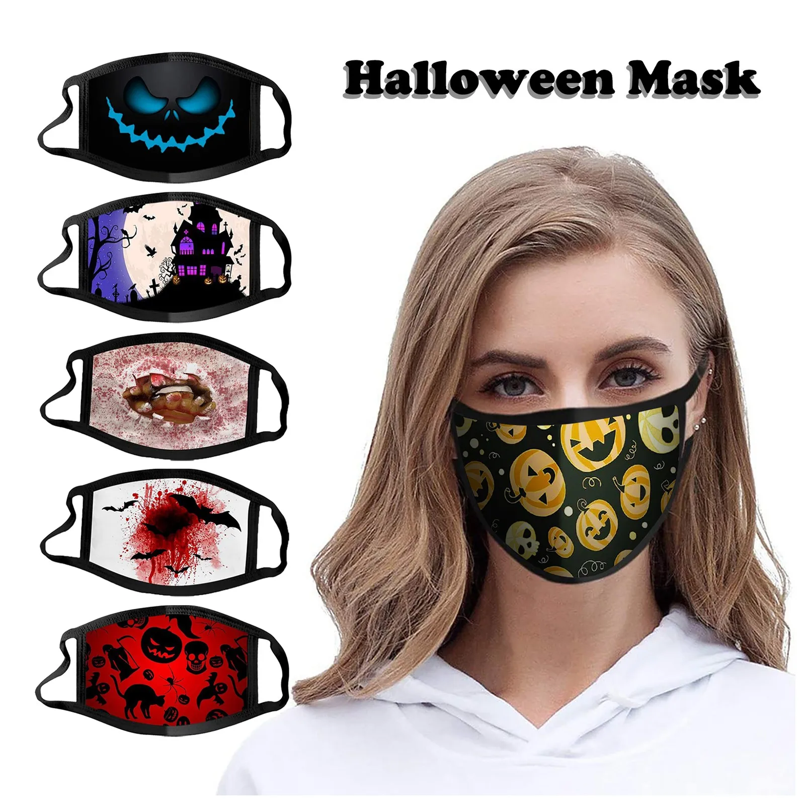 

1/5 шт. моющаяся многоразовая маска Для Лица, Маски Для Лица из хлопка Для взрослых, многоразовая Регулируемая Маска Для Лица с ужасным принто...