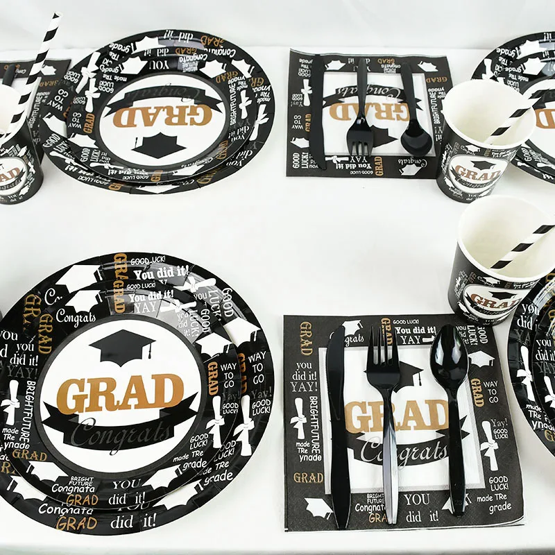 Congrats Grad Disposable Tableware Set Paper Plates Cup Napkin Tablecloth Congratulations Graduation Birthday Party Decorations