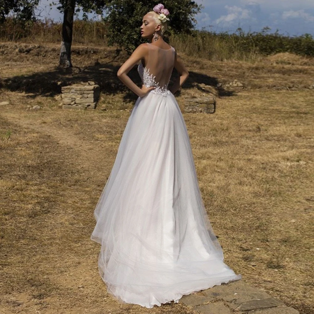 

Weilinsha A-Line Tulle Sleeveless Wedding Dress 2021 Custom Made Appliques Lace Sweep Train Illusion Bridal Gowns