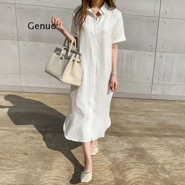 

New 2021 Women Summer Shirt Dress Casual 3 Colors Loose Fashionable Split Lace Up Cotton and Linen Long Dress