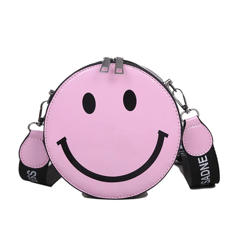 

Hip Hop Crossbody Bags for Women 2021 Trends Fashionable Wide Shoulder Bag Leather Street Cute Smiley Print Round Bag Ladies