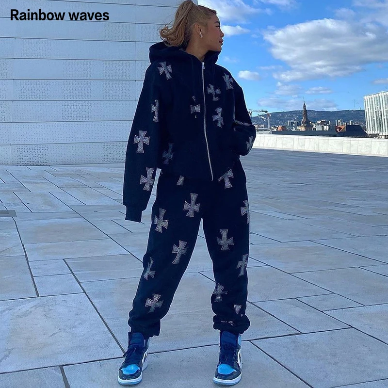 

Спортивный костюм Rainbowwaves со стразами, Женский комплект из двух предметов, Толстовка Оверсайз с капюшоном с бабочкой, спортивные штаны, спор...