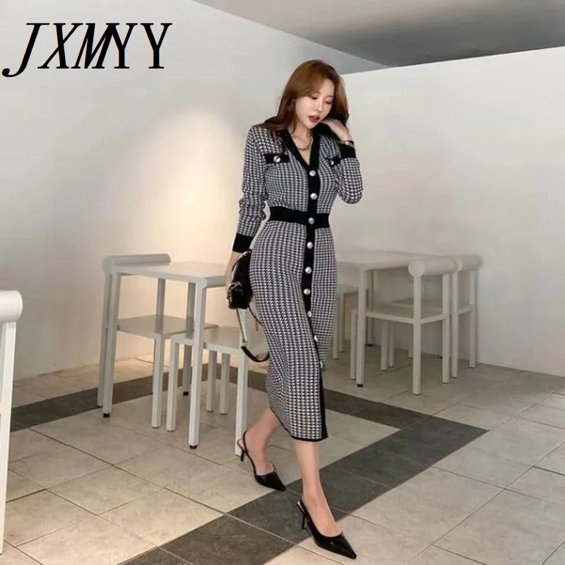 Женское трикотажное платье в клетку облегающее платье-свитер стиле ретро с