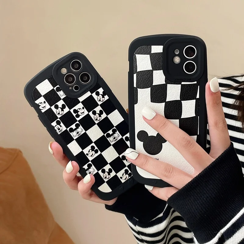 

Black Checkerboard Mickey Mouse Leather Phone Case For iPhone 11 12 13 Pro Max 7 8 Plus Xr Xs Max Full Lens Protection Cover
