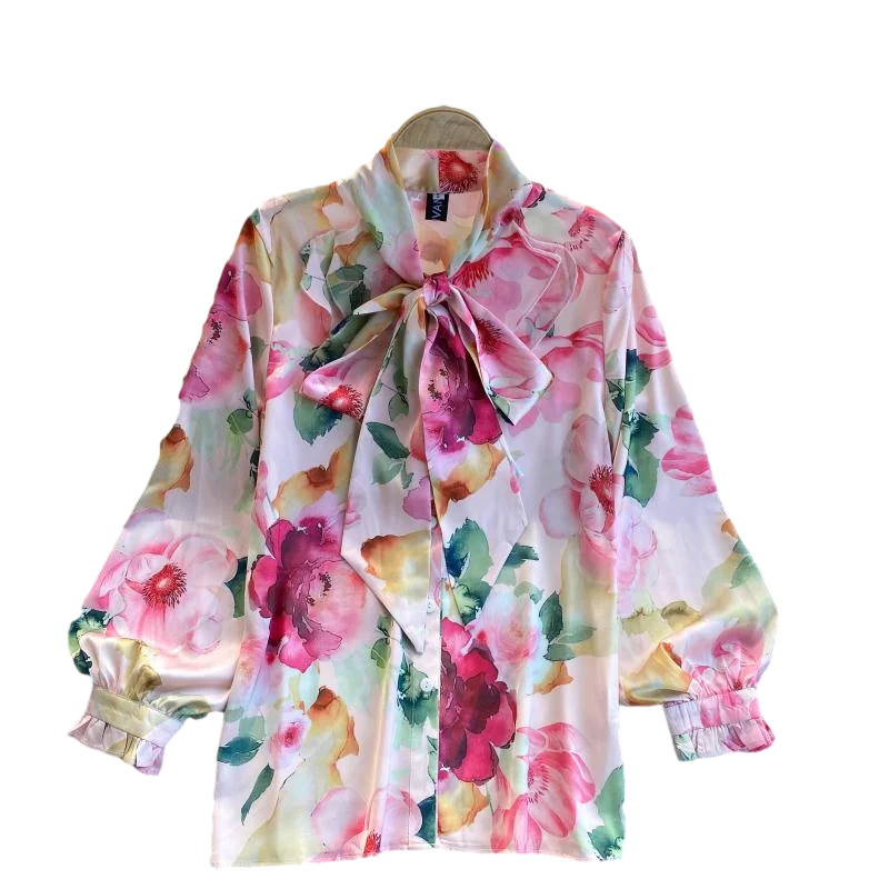 

Spring Retro Fashion Print Loose and Thin Cover Belly Lotus Leaf Bow Tie Puff Sleeve All-match Shirt Top Women