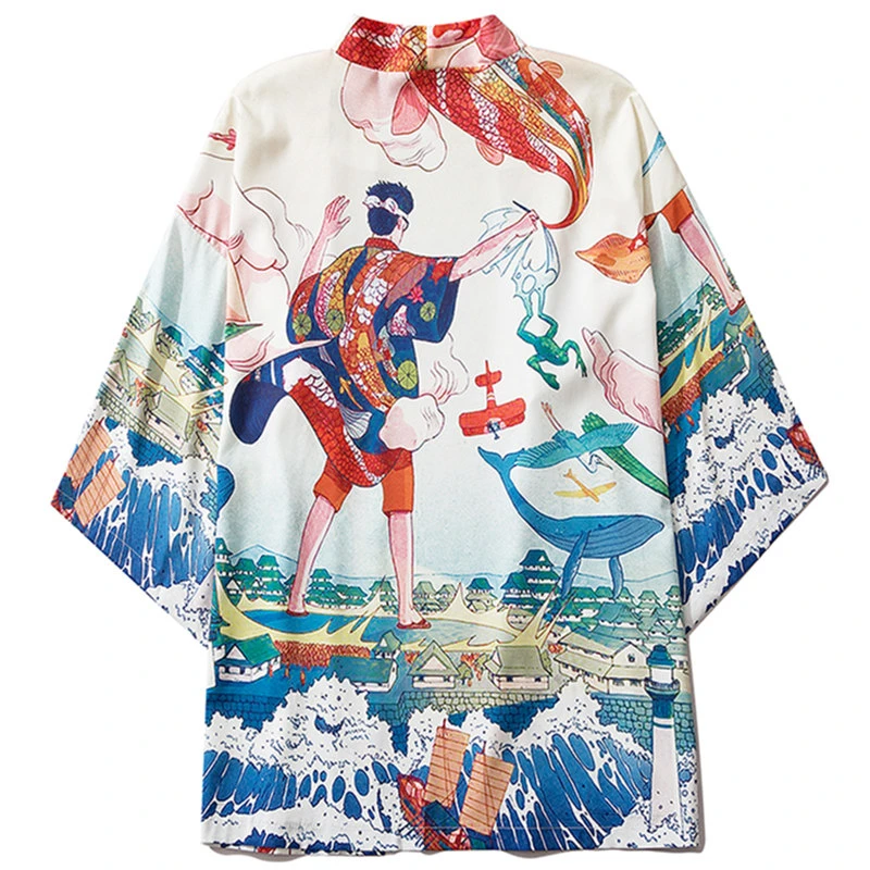 

Unisex Hawaii Asian Clothing Yukata Haori Obi Blouse Beach Print Kimono Loose Japanese Style Women Men Cardigan Shirt Summer