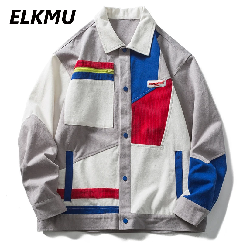 

Вельветовая куртка ELKMU для мужчин, уличная одежда в стиле Харадзюку, куртки в стиле пэчворк с цветными вставками, пальто, мужская верхняя оде...