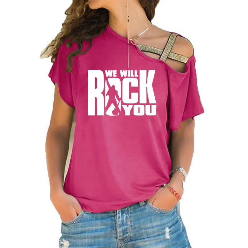 We Will Rock You, женская футболка, летняя, queen, рок-группа, футболка, короткий рукав, хлопок, рок-ролл, для женщин, с неровным перекосом, крест, топы