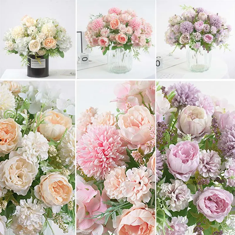

Fashion 7Heads Hydrangea Flowers Artificial Floral Bouquet Silk Blooming Fake Peony Hand Holder Flower Wedding Party Decorations