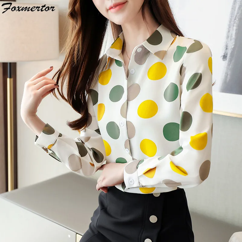 Blusas Mujer 2021 шифоновая женская блузка с длинным рукавом рубашка модная в горошек