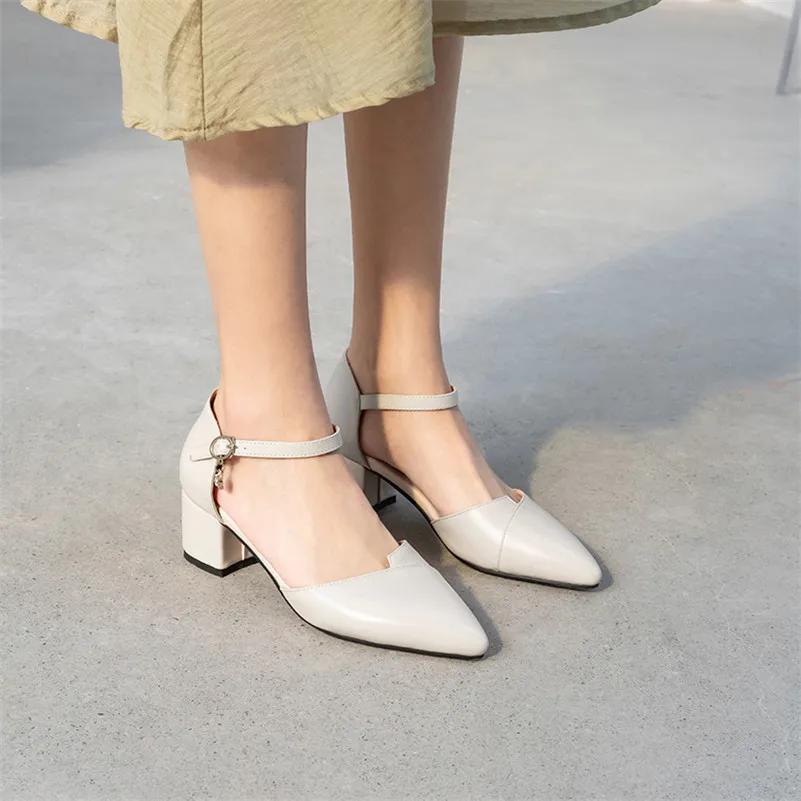 

ANNYMOLI Women Shoes Two-Piece High Heels Pumps Pointed Toe Thick Heel Buckle Strap Lady Shoes Summer Black Beige Large Size 43