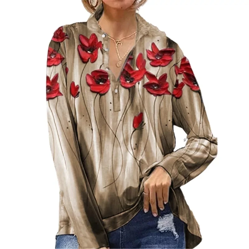 

Женская винтажная блузка на пуговицах, Повседневная Свободная рубашка с длинным рукавом и V-образным вырезом, с 3D цветочным принтом, весна ...