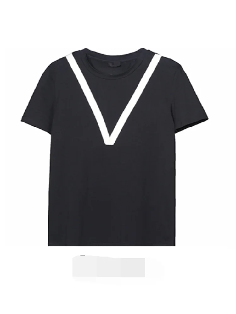 

Men's Short Sleeve T-Shirt Summer New Dark Round Collar White V Ribbon Splicing Design Casual Korean Versatile T-Shirt