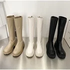 Женские сапоги до колена из искусственной кожи, осенние ботильоны на толстом каблуке, с круглым носком, на платформе, удобная повседневная обувь