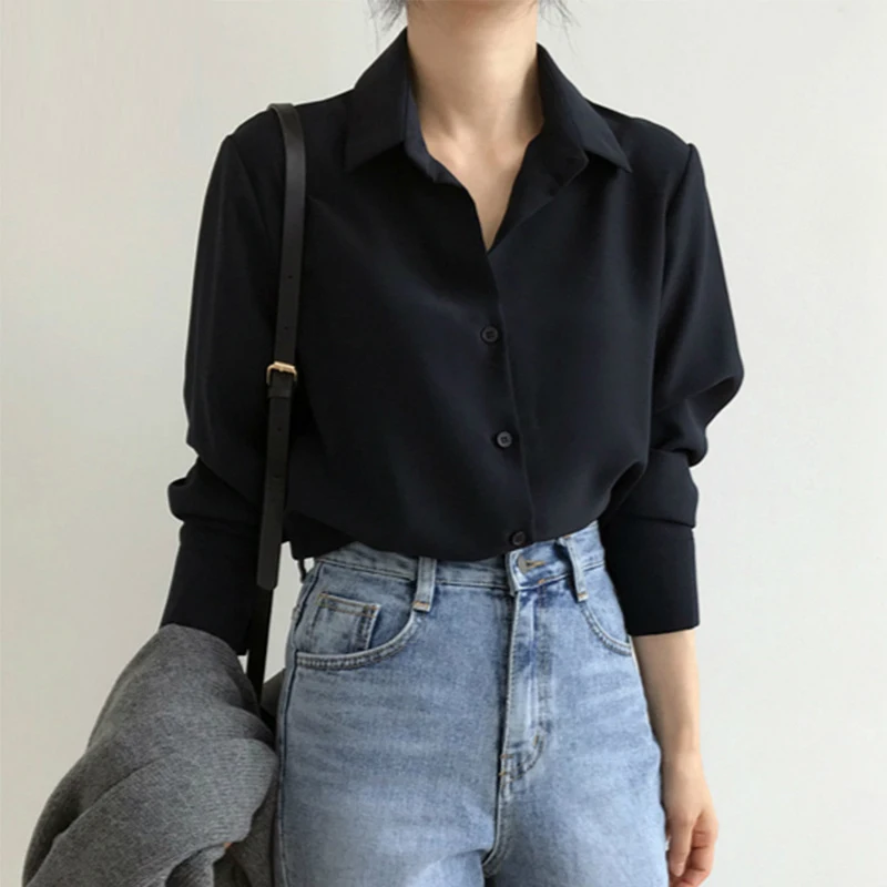 

New Women's Shirt Classic Chiffon Blouses Female Turn-down Collar Loose Long Sleeve Shirts Lady Simple Style Tops Clothes Blusas