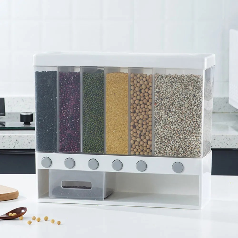 Proof Plastic Automatic Racks 6 Moisture Sealed Food Storage Box Wall Mounted Divided Rice And Cereal Dispenser 10KG For Kitchen | Дом и сад