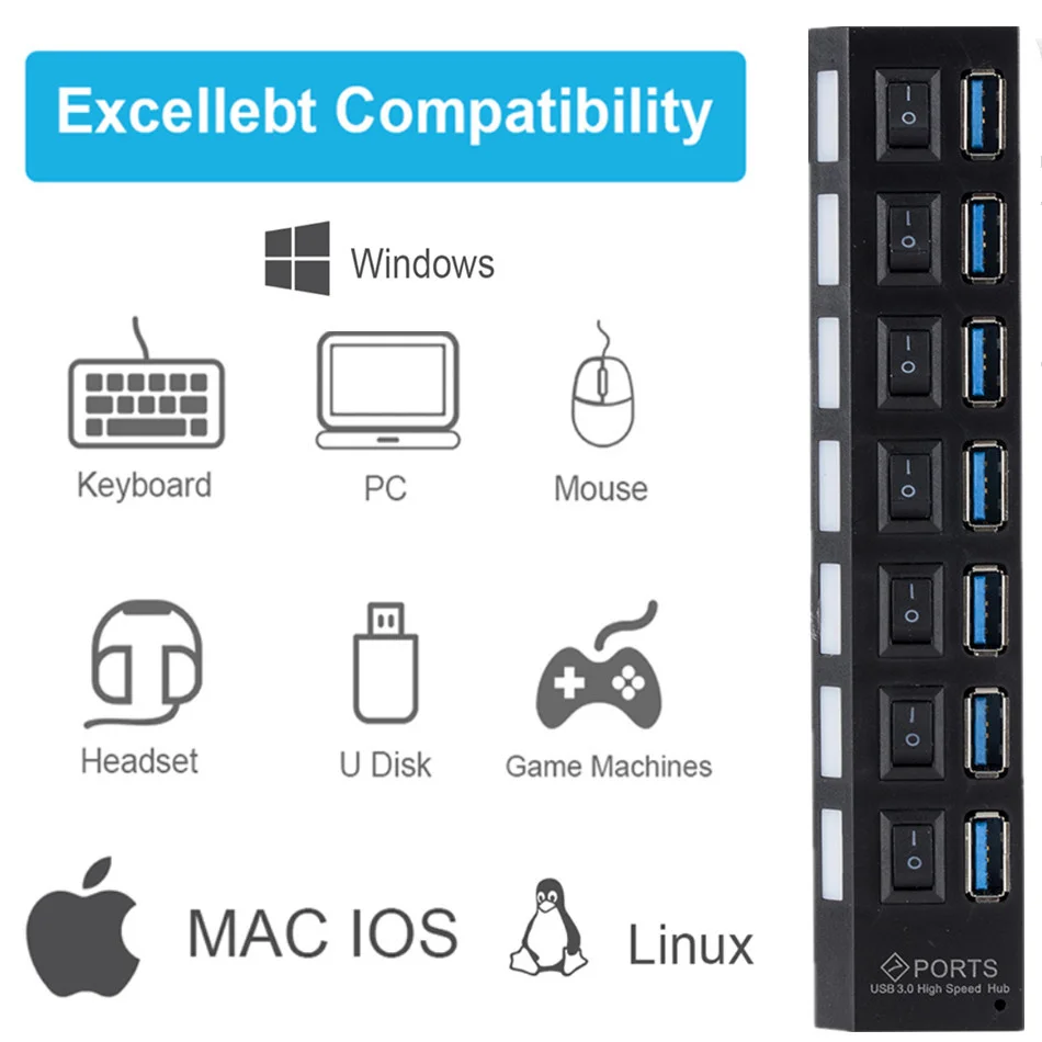 USB 3 0 разветвитель с 7 портами и переключателем