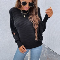 fashion women sweater autumn casual hot sale round neck pullover solid color sexy hollow loose knit bat sleeve sweater donsignet