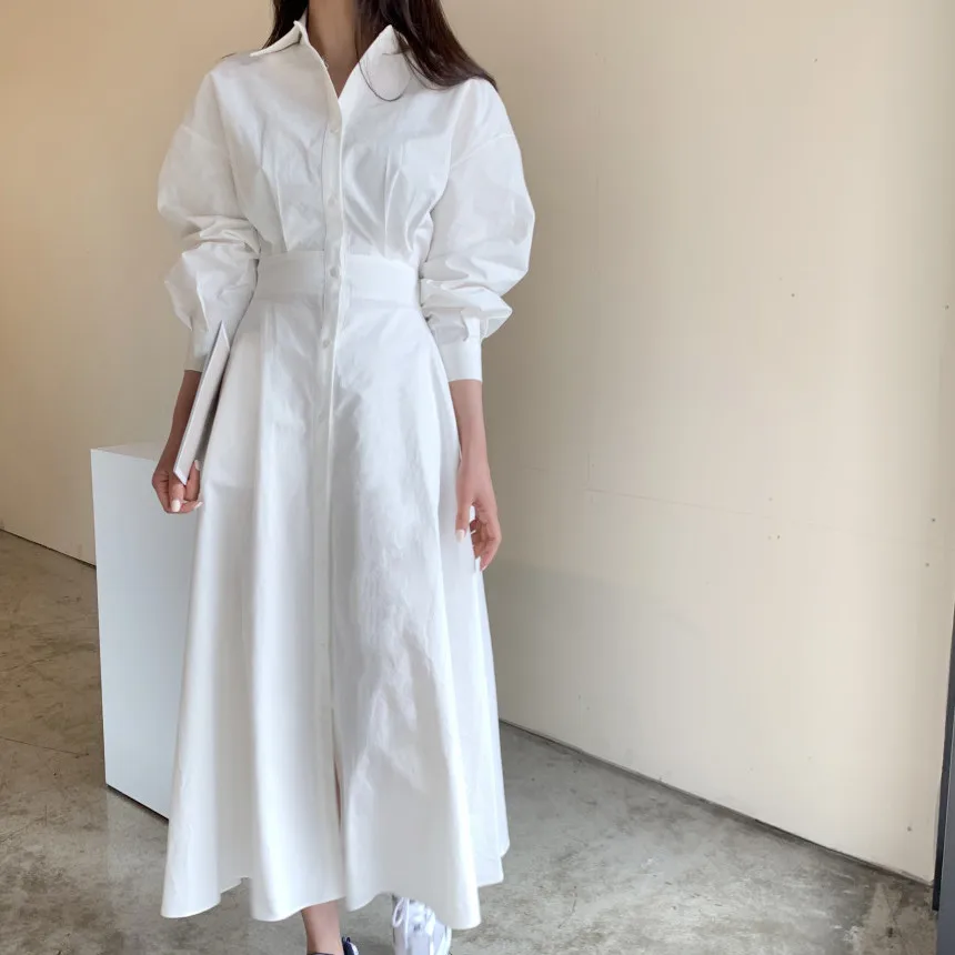 

Spring Autumn Dress Women Chic High Waist Elegant Lady Vintage Office Korean Puff Sleeve Women Long Shirt Dresses 2022 New