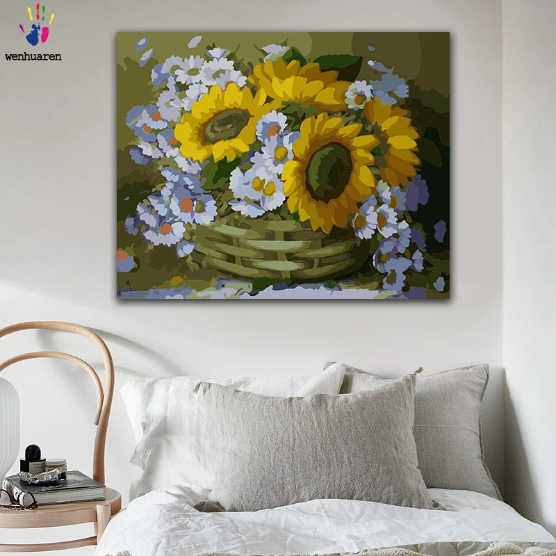 DIY картинки для раскраски по номерам с цветами Подсолнух белая Маргаритка цветок