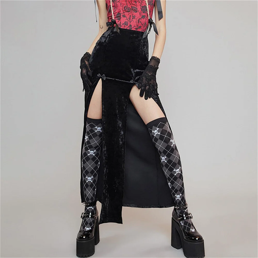 

Punk Gothic Women Long Skirt Kawaii Harajuku Sexy Solid Color Front High Slit Bowknot Decorated High Waist Slim Fit Skirt Party