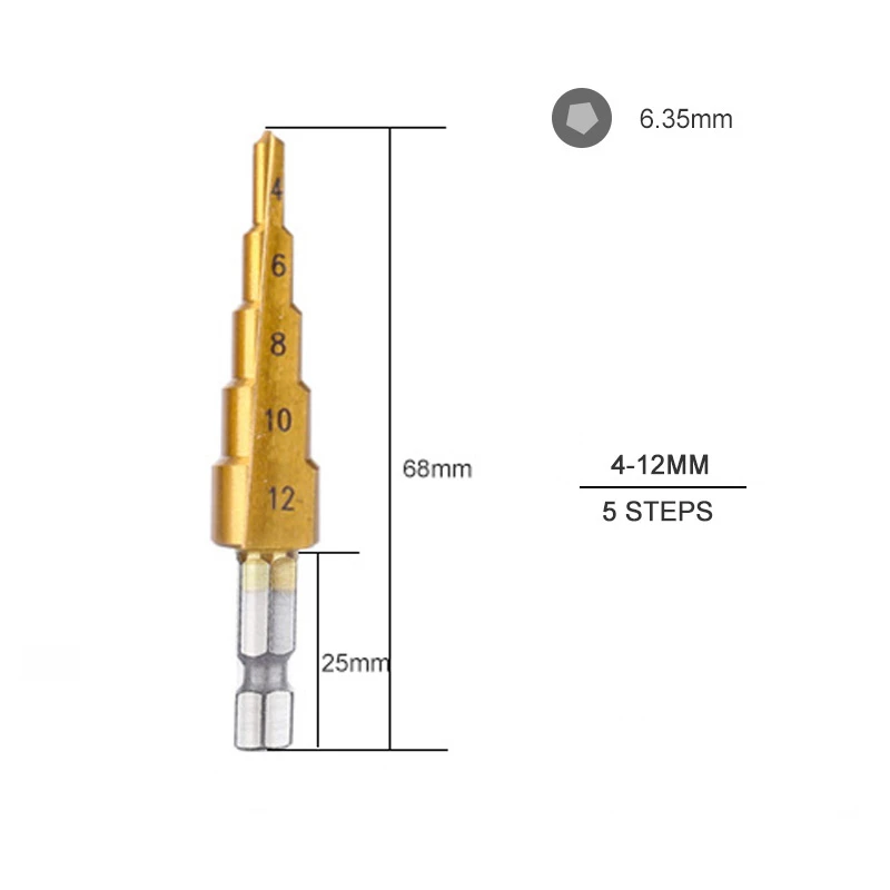 4-12mm(5steps) Ступенчатое сверло из быстрорежущей стали 4-12 мм 4-20 мм 4-32 мм 1/4 дюйма с шестигранным хвостовиком ступенчатое сверло конус инструменты для деревообработки дерева и металла - Цвет: 4-12mm(5steps)