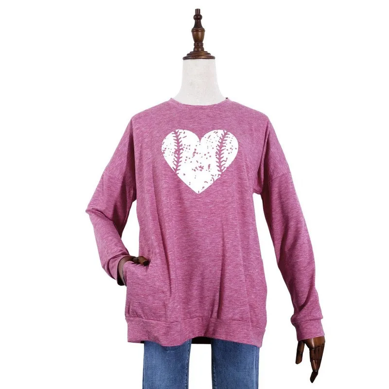 

Spring Women Long Sleeve Pocket Pullover Heart Rugby Print Fashion Casual Female Graphic Sweatshirts Ladies O-Neck Hoodless Tops