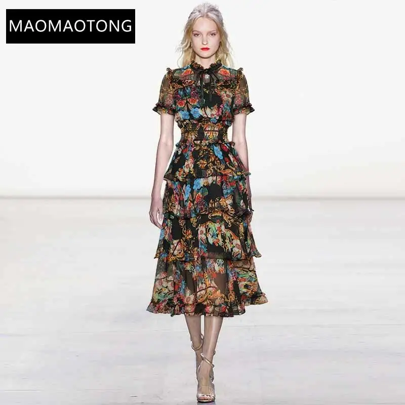

Fashion Designer Runway Dress Summer Women Dress Stand Collar Print Elastic Waist Cascading Ruffle Vintage Dresses