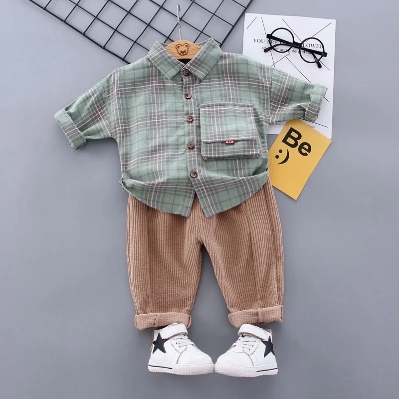 

Рубашка с большими карманами и брюки для мальчиков и девочек, повседневный клетчатый костюм из 2 предметов, хлопковый костюм с длинными рука...