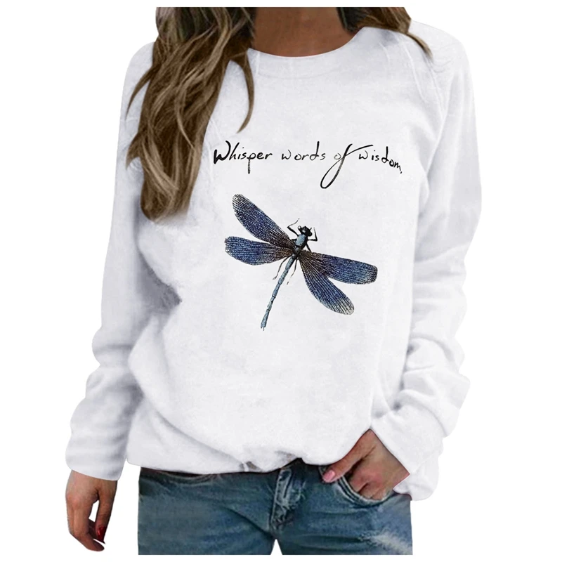 

Women's Dragonfly printed large sweatshirt, round neck retro long sleeve sweater and letters, autumn and winter casual wear