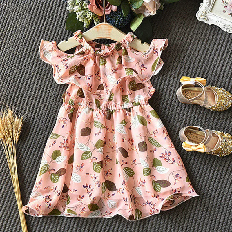 

Girls Dress 2021 Summer Girl Kids Clothes Cute Leave Print Ruffles Princess Vestidos Chiffon Suspender Children Cothing