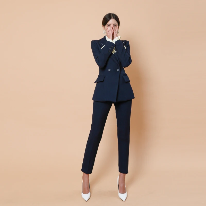 

Summer Spring Formal Fashion Business Uniform Women Pant Suits 2 Piece Set Slim Blazer Jacket Office Lady